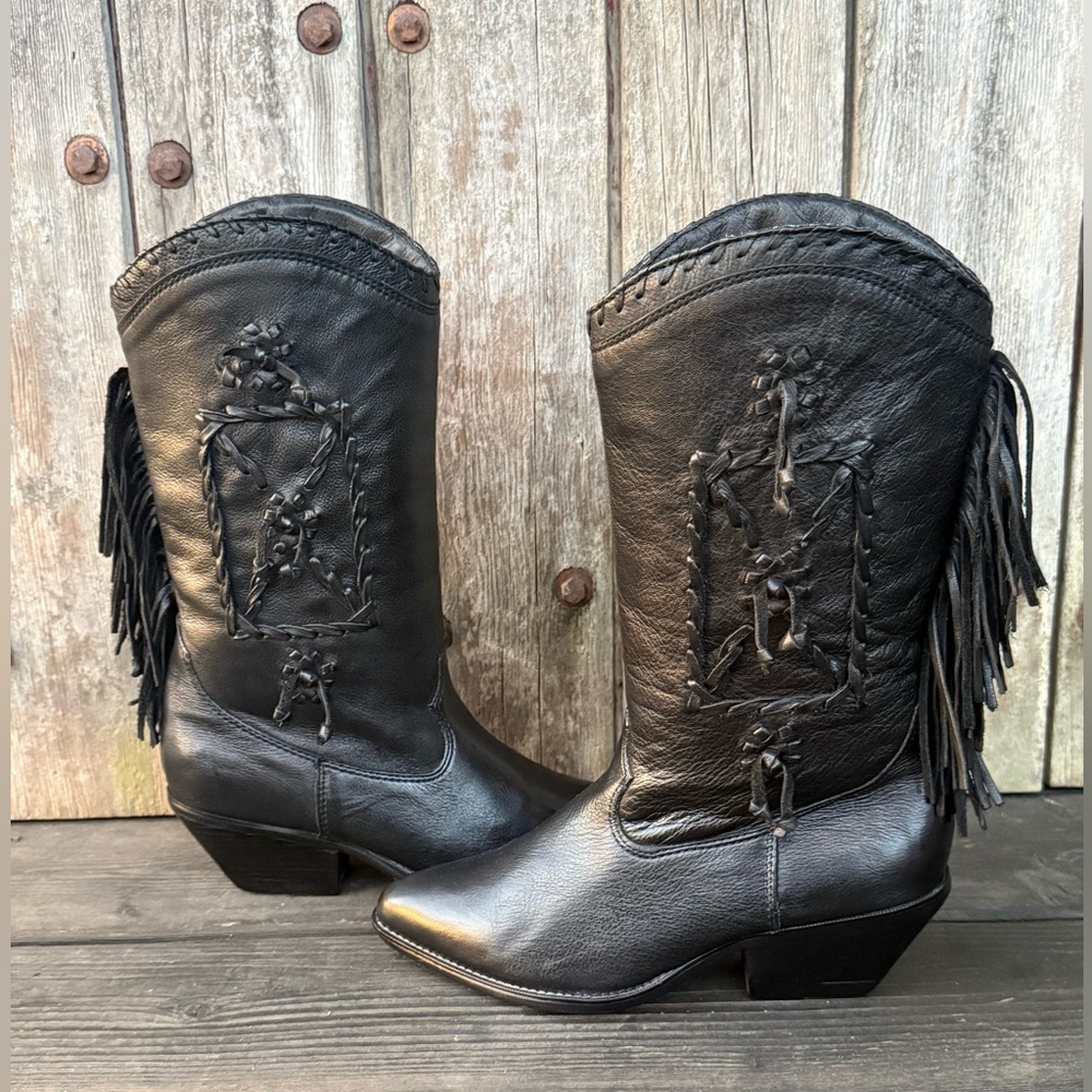 Vintage Zodiac Fringe Cowboy Boots with Whipstitch and Braided Leather Accents